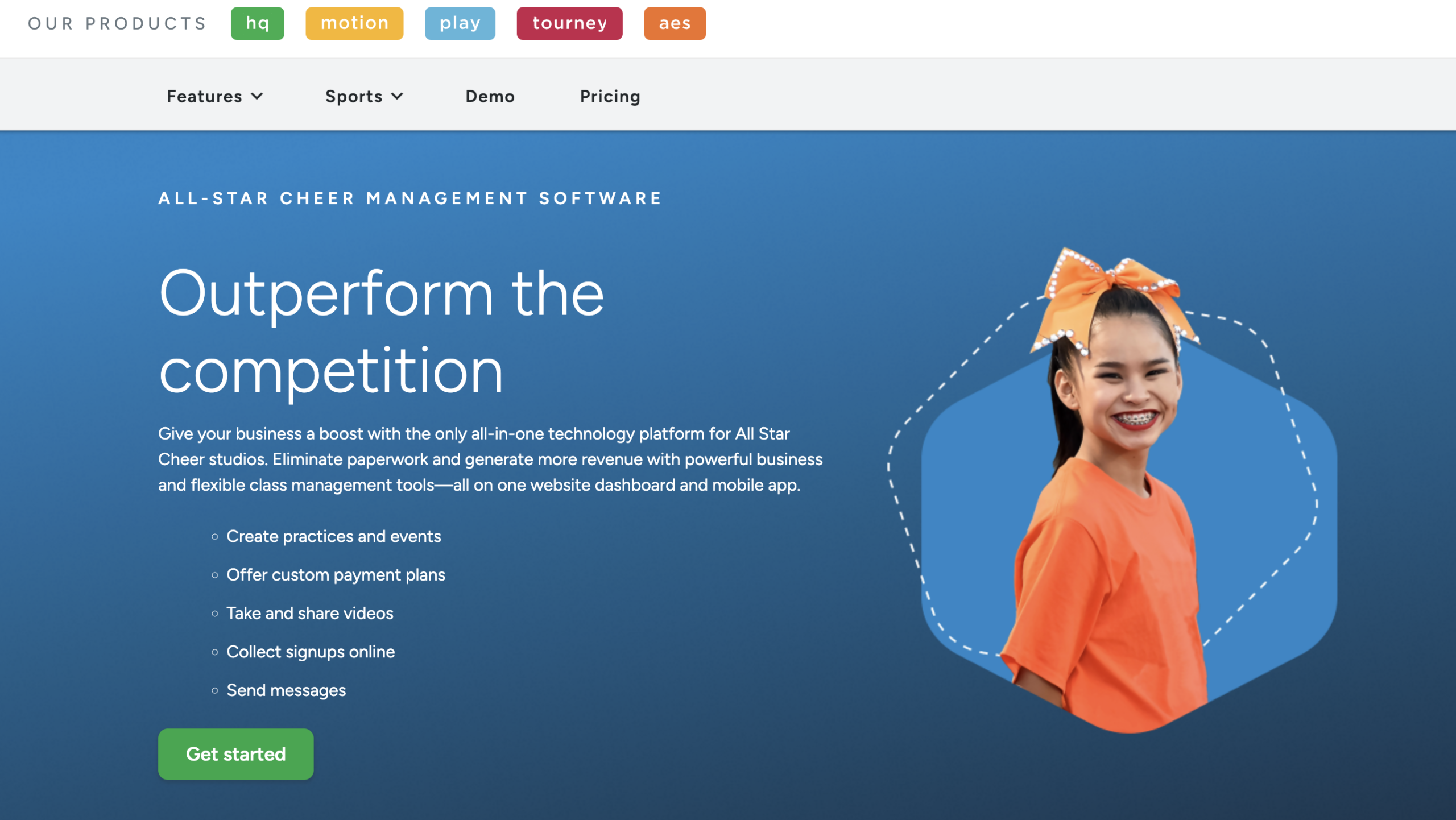 SportsEngine landing page for cheer management software